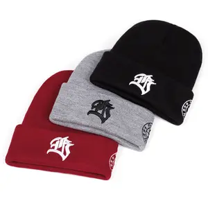 FB Cool Personalized Letter Embroidered Men's Knitted Hat High-Quality Fashion Unisex Style Brimless Winter Warm Women's Hat in Red Gray & Black Adjustable 56-61 cm