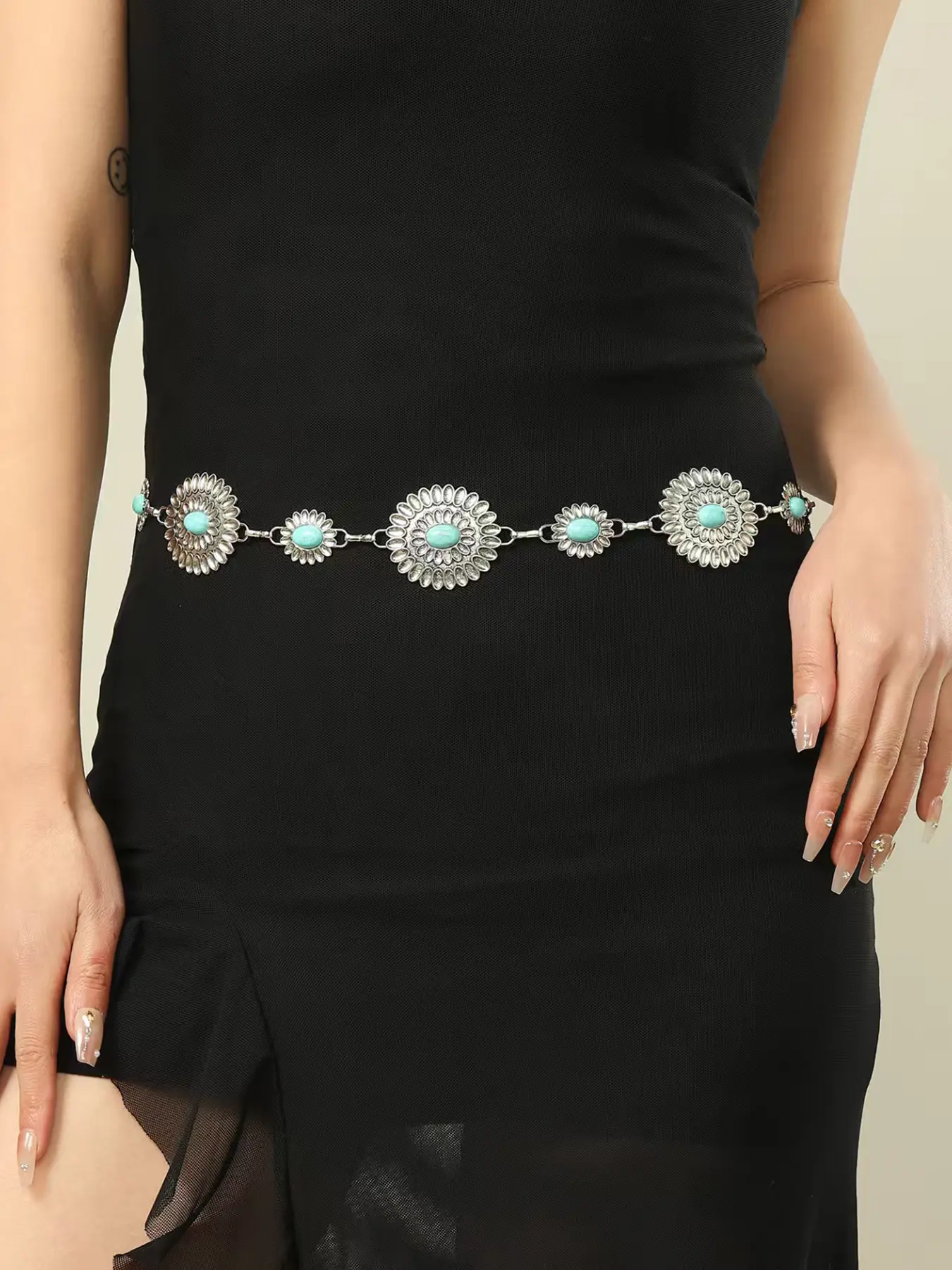 Vintage Turquoise Adjustable Waist Chain, Retro Casual Body Chain Accessory, Vintage Body Jewelry, Perfect Match for Dresses & Suits, Unique Cross-Border Design