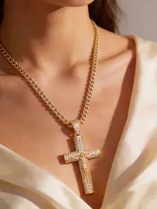 Holylegend 14K Real Gold-Plated Cross Necklace for Men Advanced Nanotech Tarnish-Free Cuban Figaro Rope Miami Chains with Jesus Crucifix Pendant, 24” Long , Christian Religious Jewelry Gift