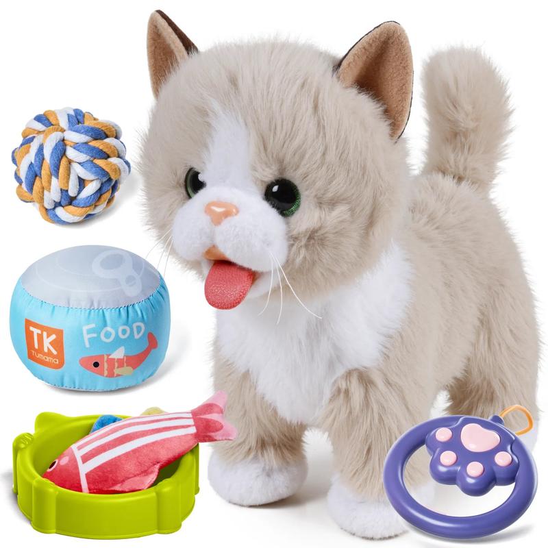 Interactive Plush Toy Cat for Kids, Walking Talking Plush with Leash Wags Tail Pretend Dress Up Emotional Development Christmas Gift for Toddlers Kids