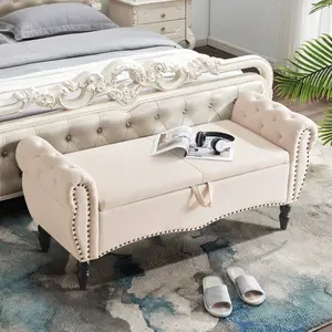 Storage  Nailhead Trim Modern Tufted End Of Bed Bench  Scroll Arms Luxurious Linen Upholstered Foot Stool For Living Room Bedroom Entryway with