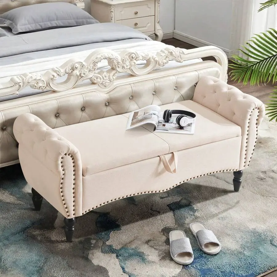 Luxurious Linen-Upholstered Storage End-of-Bed Bench with Nailhead Trim, Modern Tufting, Scroll Arms - Ft Stool for Living Room, Bedroom - Complements Black-White Color Block Sofa, Brown Faux Leather Cloud Sectional Furniture