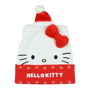 Hello Kitty Beanie Santa Kitty Embroidered Design with 3D Bow Knit Winter Hat OSFM