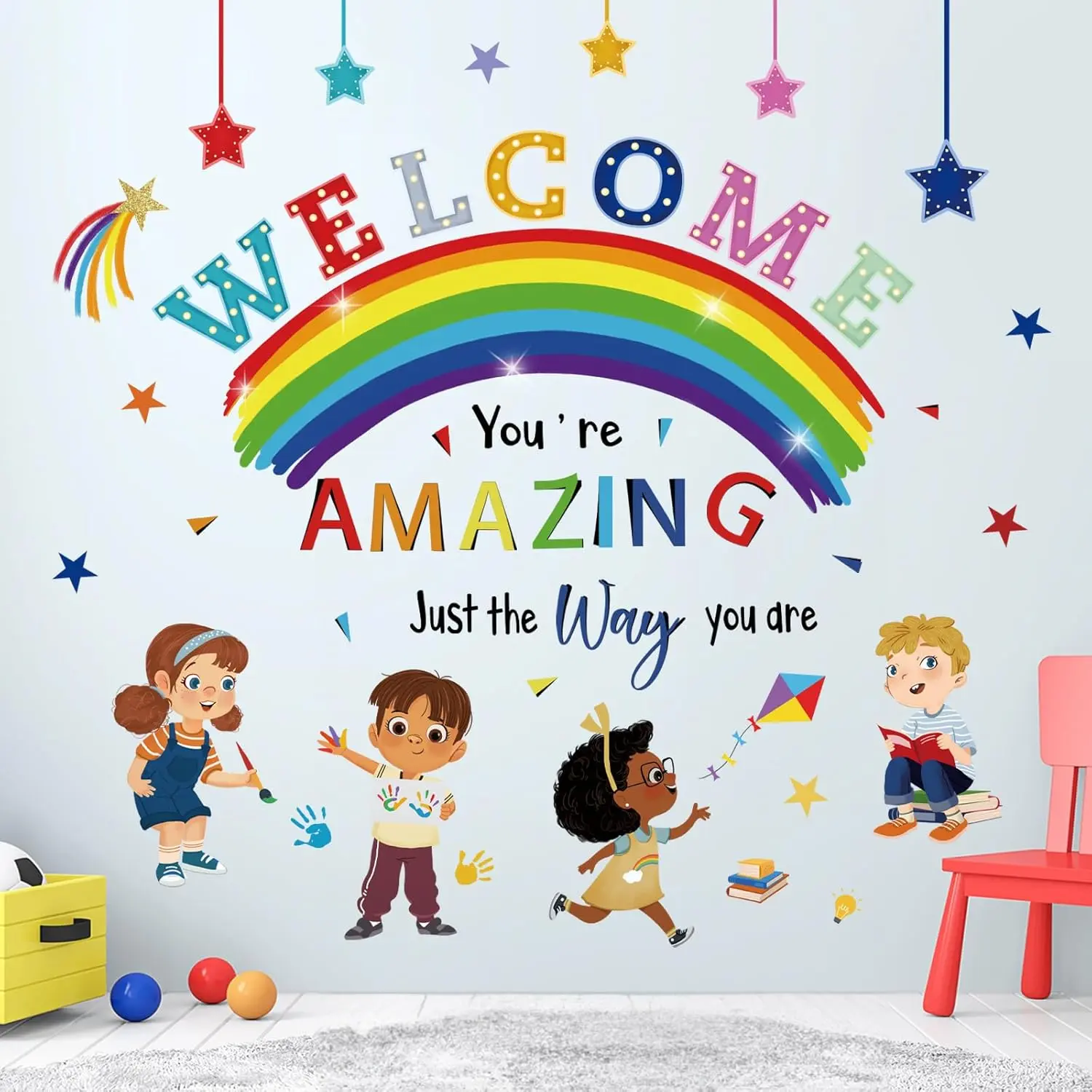 X-WPA08 Flat PVC Watercolour Rainbow Letter Wall Decals - Kids' Inspirational "You Are Amazing" Peel-and-Stick Decoration, Ideal for Nursery, Classroom Decor, Mother's Day Gifts