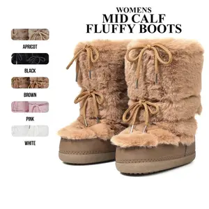 Womens Faux Fur Mid Calf Boots Rounded Toe Platform Heels Fashionable Cozy Fluffy Plush Snow Boot Lace Up Non Slip Comfortable Outing Party Casual Nightclub Event Ski Boot Gifts for Her