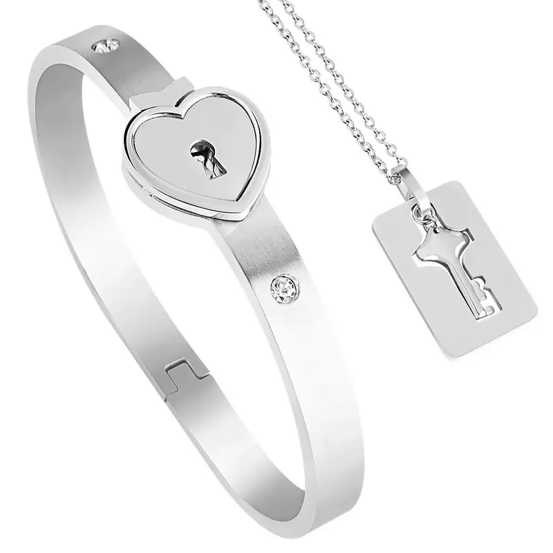 2-Piece Unisex Couples Jewelry Set with Chain & Link Lock Bracelet and Key Necklace, 48mm Short, Gift for Valentine's Day, Link Chain