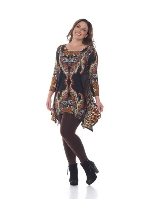 White Mark Universal PS1300-03-1XL Marlene Brown & Multi-Print Comfortable Fabric Dog & Cat Costume, Women's Plus Size Casual Tunic Top Outfits (1XL)