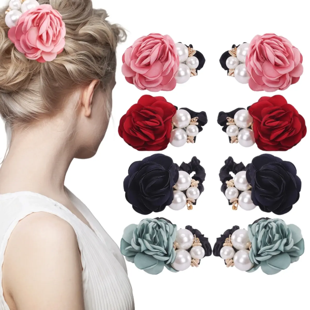 A Set of 8/4 Pcs Korean Fashion Pearl Hair Rope,Rose Flower Rhinestone Hair Ties,Hair Ornament Ideal for Women Ladies Girls,Halloween Christmas Party Gifts,Hand Tools Kits