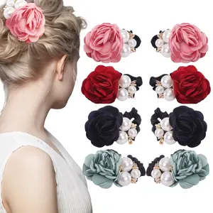 A Set of 8/4 Pcs Korean Fashion Pearl Hair Rope,Rose Flower Rhinestone Hair Ties,Hair Ornament Ideal for Women Ladies Girls,Halloween Christmas Party Gifts,Hand Tools Kits