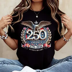 250 Of America 1776 2026 Anniversary Eagle And Stars Print T Shirt Crewneck Casual Wear For Independence Day Celebration