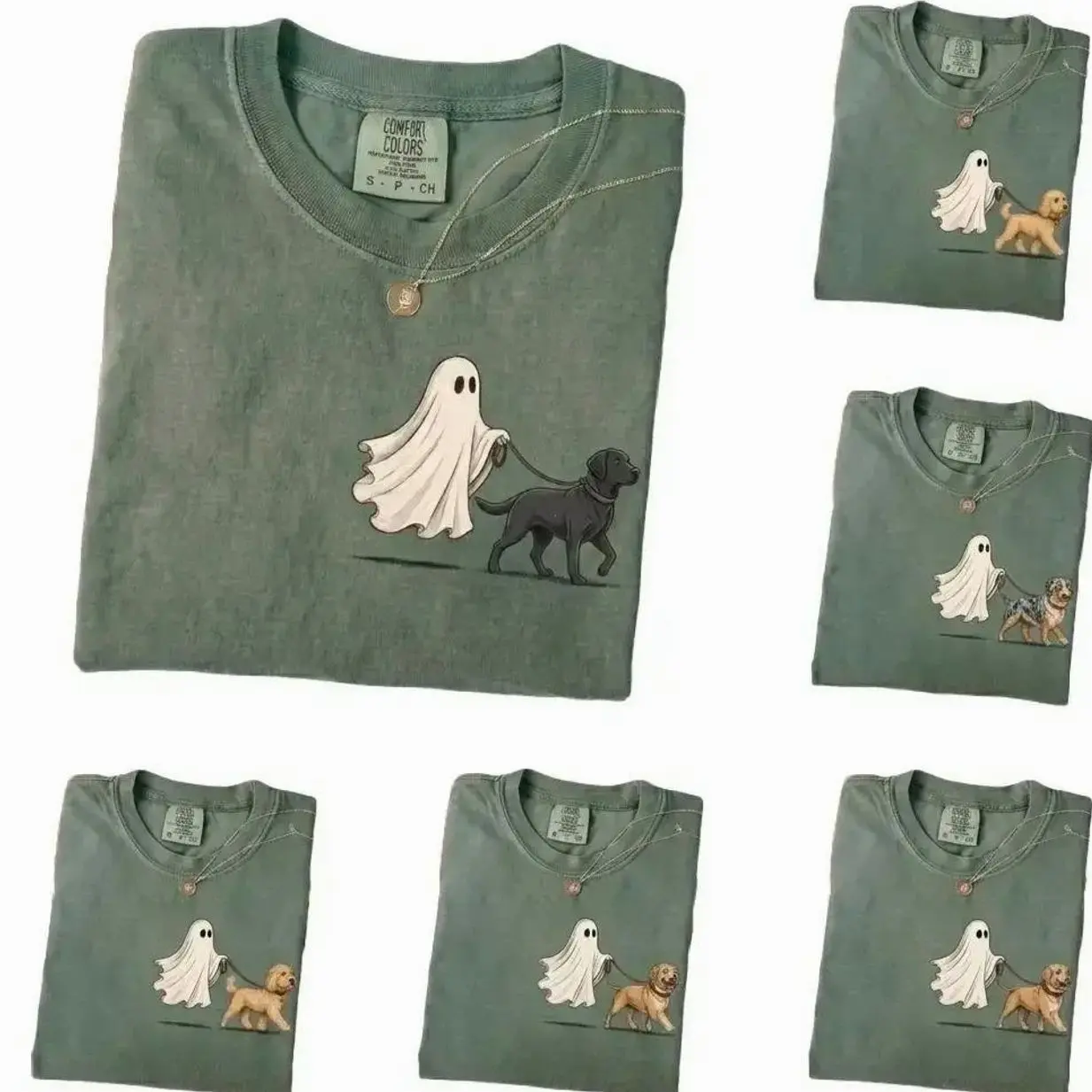 Comfort Colors 50+ Dog Breeds Ghost Walking Dog T-Shirt, Dog Breeds Halloween Shirt, Cute Pocket Ghost Dog Mom Graphic T-Shirt, Spooky Season Fall Dog Lover Outfit, Spooky Walking Dog Trick or Treat Apparel, Funny Halloween Gift for Women & Men
