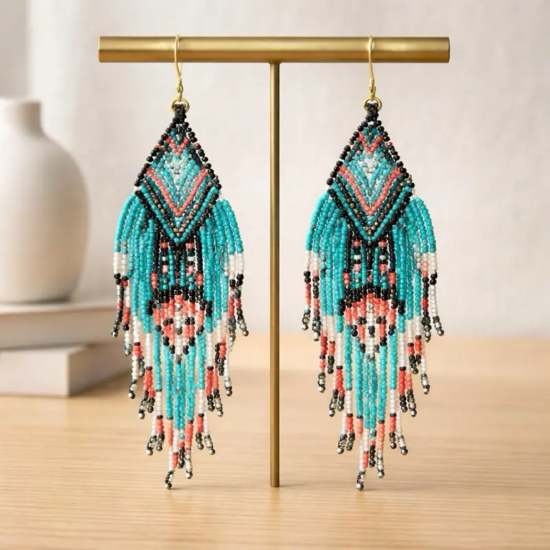 Turquoise Fringe Beaded Earrings – Western Boho Cowgirl Statement