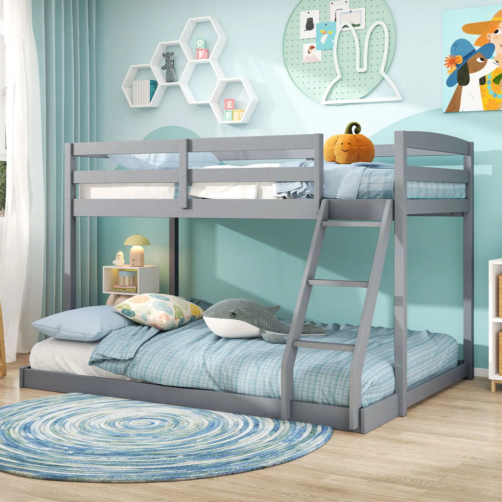 COSTWAY - Twin Over Full Bunk Bed Low Floor Bunk Bed Frame-Gray COSTWAY - Twin Over Full Bunk Bed Low Floor Bunk Bed Frame-Gray