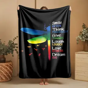 1 piece Colorful dragonflies and inspirational quotes for a positive life themed flannel blanket - Super soft flannel blanket, suitable for beds and sofas, all-season use, modern design, digitally printed pattern, 100% polyester material, machine
