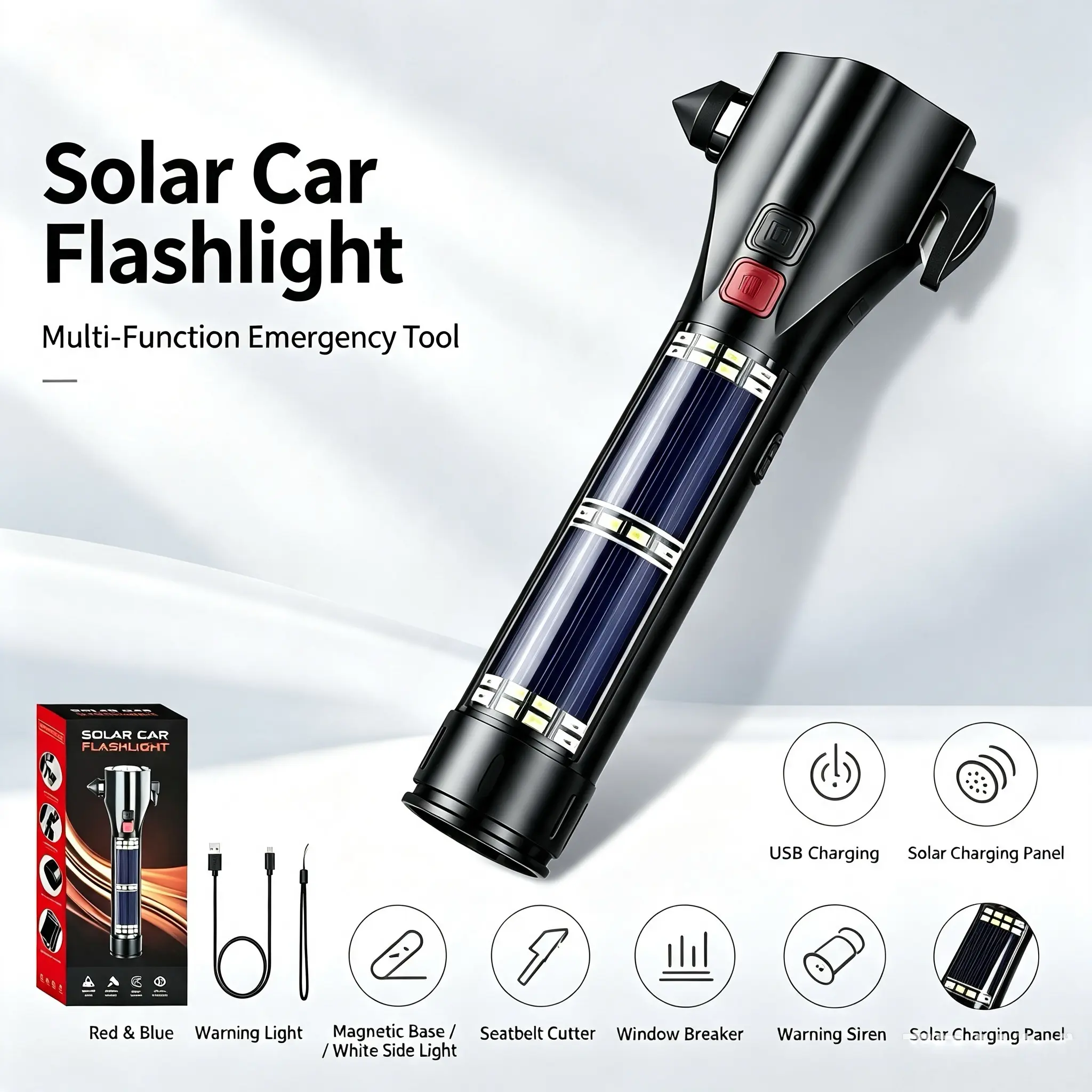 Solar Car Emergency Flashlight - Multi-Function Escape Tool with Window Breaker, Seatbelt Cutter, USB-Solar Rechargeable LED Torch, Red-Blue Warning Light for Vehicle, Home Safety (Camping & Hiking Gear)