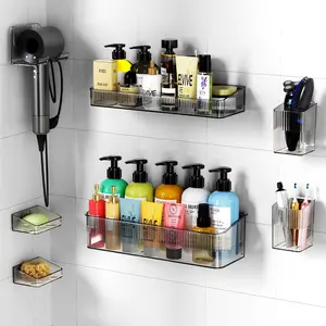7-Piece No-Drill Bathroom Shelf Set, Transparent Pet Storage Box, Heavy-Duty Adhesive, 40 Lbs Capacity, Waterproof, Durable, Versatile Use, Bathroom Organizer