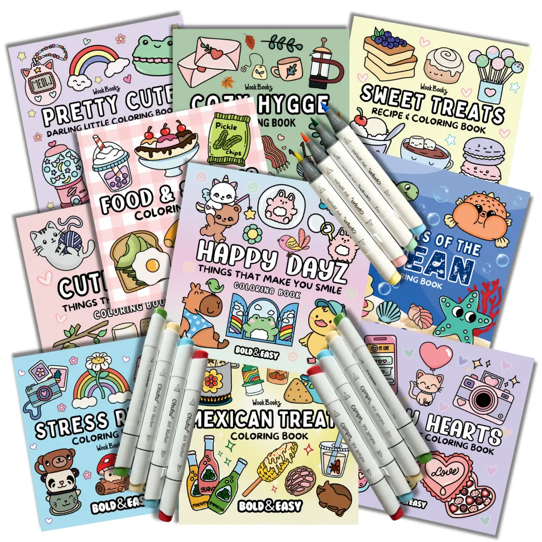 4 Coloring Books + 12 Ohuhu Markers MEGA Coloring Book Bundle - Build Your Own - by Wook Books Bold & Easy Coloring