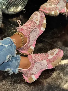 Fashionable Letter Sneakers for Women, Rhinestone Sporty Shoes, Durian Sole Platform Mesh Design, Trendy Casual Footwear