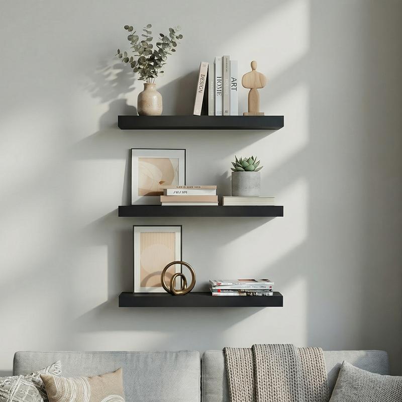 Spaco 14.9" Maple Black Floating Wall Shelves - Modern Wood Storage for Bathroom, Bedroom, Kitchen & Living Room (Invisible Brackets, Decorative & Functional for Books & Organization)