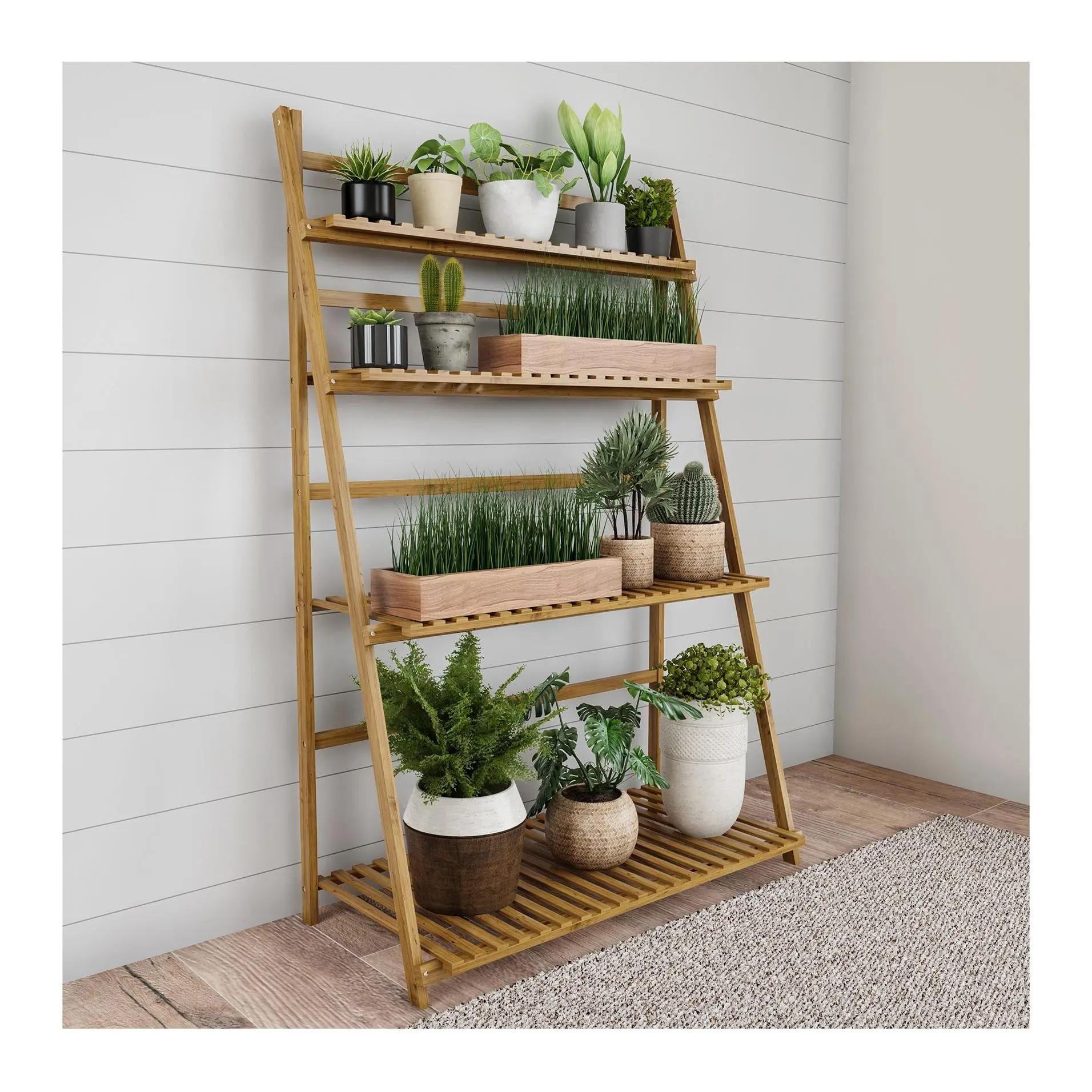 Pure Garden Ladder Plant Stand 4 Tier Freestanding Bamboo