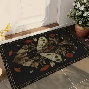 Washable and Soft Velvet, Dark vintage moth and poppy floral pattern, Suitable for living rooms, bedrooms, and dining rooms, furniture decoration aesthetics, anti-slip rubber back