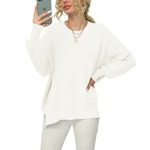 ANRABESS Women Crewneck Batwing Sleeve 2025 Fall Oversized Side Slit Ribbed Knit Pullover Sweater Top
