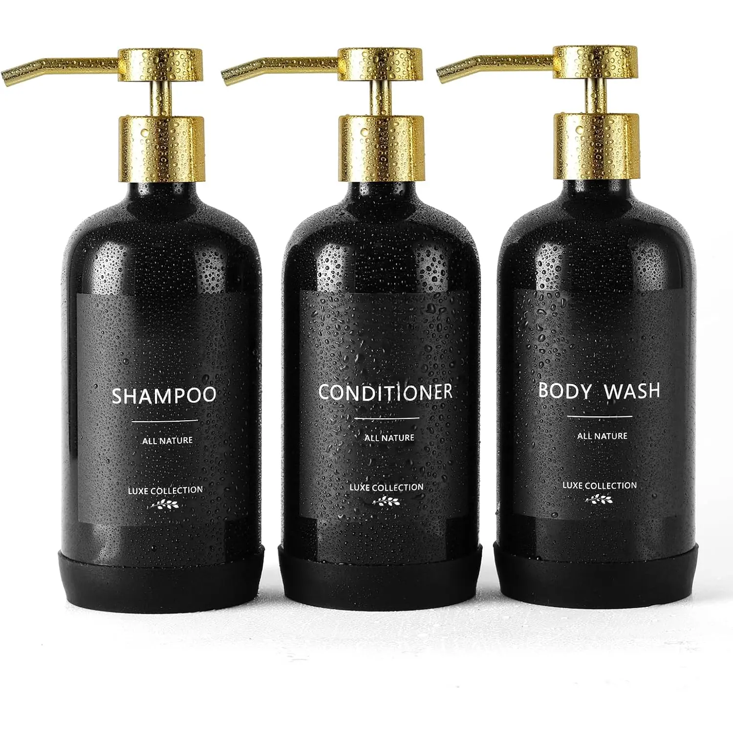 Shampoo and Conditioner Dispenser Set of 3,Refillable 21oz Shampoo Bottles with Non-Slip Protective  Pad,Shower Soap Dispenser with  Labels for Bathroom (Black)