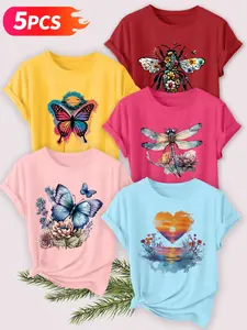Women's 5-Pack Casual Short Sleeve T-Shirt, Retro Vinyl Record Music Themed Print Set, Multiple Colors, Machine Washable, Spring & Summer Tops, Soft Skin-Friendly Fabric, Daily Wear, Fashion Design
