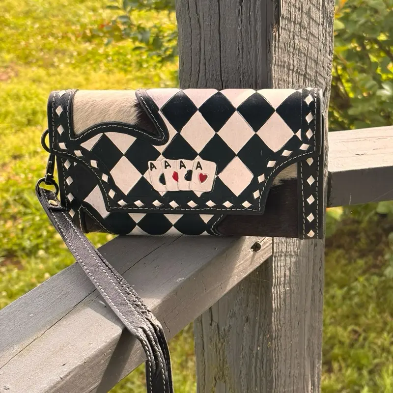 Leather Wristlet Wallet with Checkered Design and Cards - Black and White Checkered Pattern