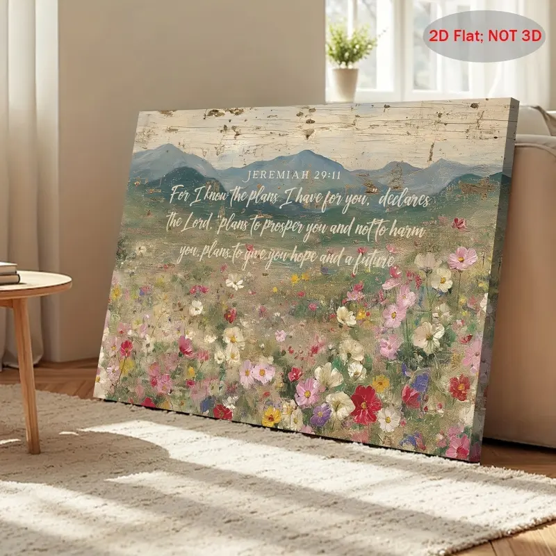 1 piece, 2D flat framed Canvas Decor Painting, Jeremiah 29:11 canvas wall print, country wildflower scripture wall print, Bible scripture landscape, I know what plans I have for you, holiday gift, exquisite home gift, suitable for bedroom