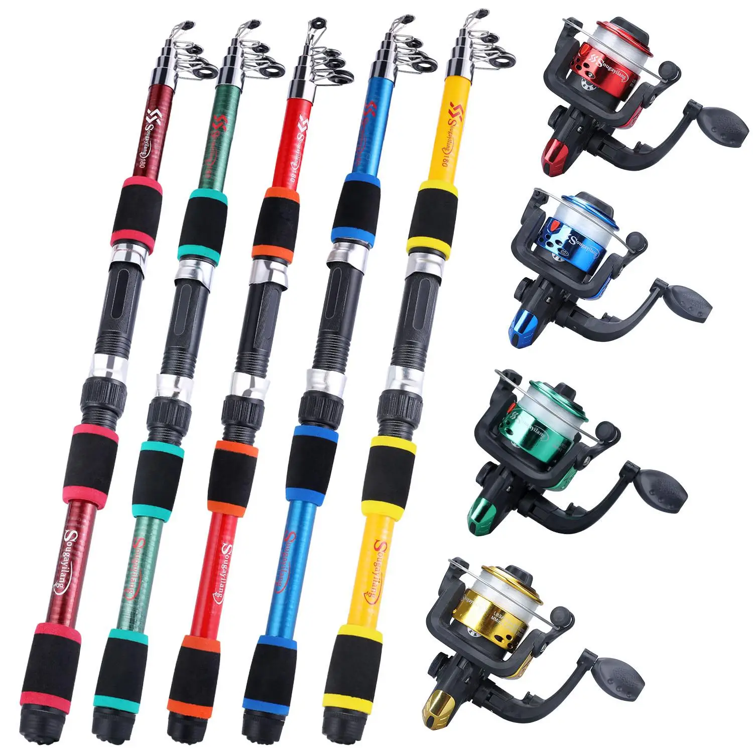Fishing Pole Set, Including 6 Sections Telescopic Fishing Rod, Aluminium Spinning Reel, Assorted Fishing Baits & Hook