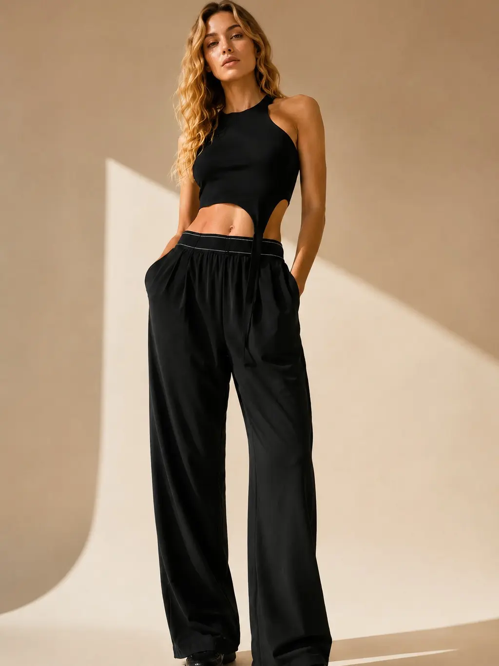 Women's High-Waist Wide-Leg Pants with Pockets - Lightweight Stretch Fabric Crop Bottoms, Comfy Hoodie-Matching Loungewear for Casual Yoga