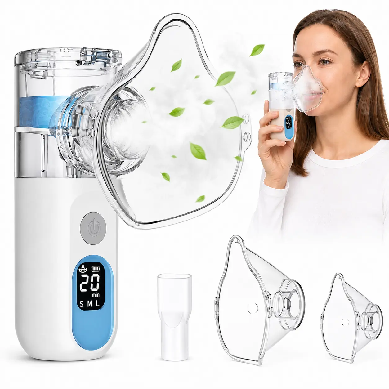 Portable Mesh Nebulizer - Rechargeable Handheld Medical Device for Adults & Kids, Smart LED Display, 3 Mist Levels, 20-Min Timer, 5s Self-Cleaning, Quiet Operation, Masks & Mouthpiece for Home & Travel
