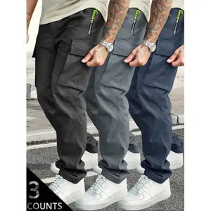 Men's 3-Pack Casual Cargo Pants - Black, Navy & Grey Colors - Elastic Waist with Drawstring, Large Side Pockets, Reflective Logo Detail - Lightweight Fabric - Perfect for Streetwear, Outdoor, Daily Wear - S-3XL Sizes
