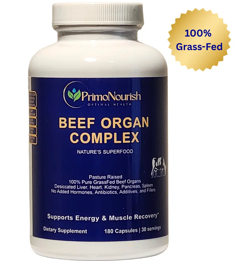 Grass-Fed Beef Organ Supplement for Energy & Vitality – Pasture-Raised Blend of Liver, Heart, Kidney, Pancreas & Spleen, 180 Capsules, Hormone-Free, Made in USA