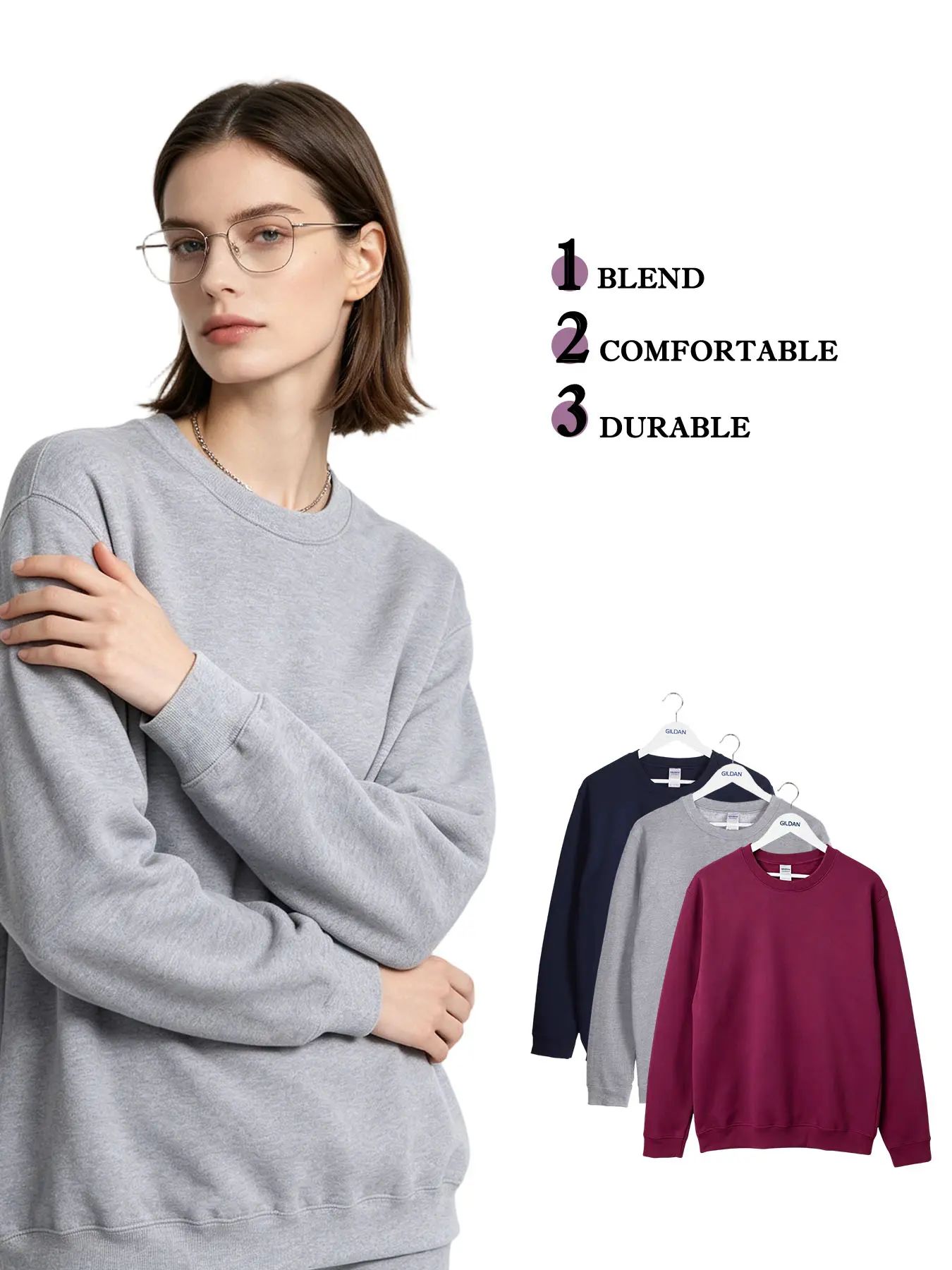 Women's 3-Pack GILDAN 18000 Crewneck Sweatshirt - Smooth Yarn Cotton Blend Fleece, Ribbed, Oversized Fit, Plain Blank Long-Sleeve Pullover, Everyday Daily Wear (Grey, Navy, Maroon)