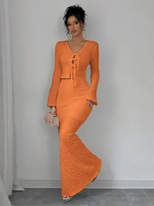 Women's Textured Slim Tie Front Long Sleeve Top and Mermaid Hem Skirt Set, Elegant Two-Piece, Casual Fashion Style Outfit