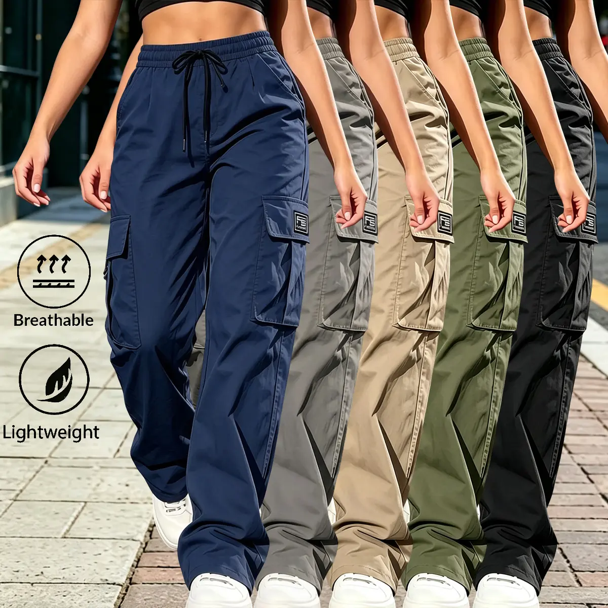 5-pack women’s solid-color cargo pants, fashionable casual style with drawstring waist and large pockets, suitable for sports, streetwear, and everyday wear. Women’s cargo pants, cargo long pants, women’s long pants.