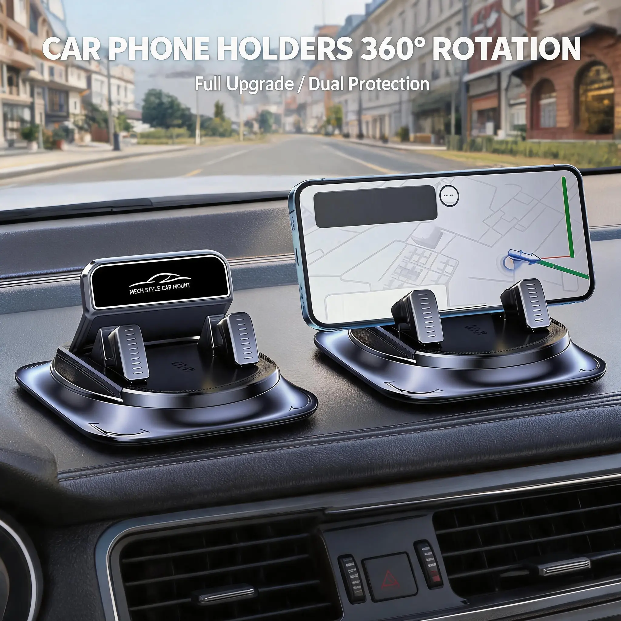 360-Degree Rotation Dashboard Car Phone Holder, Multifunctional 1-Hand Operation Clip Mount with Horizontal & Vertical Angle Adjustment, Suction Cup Fixed Non-Slip Accessory for iPhone & Android