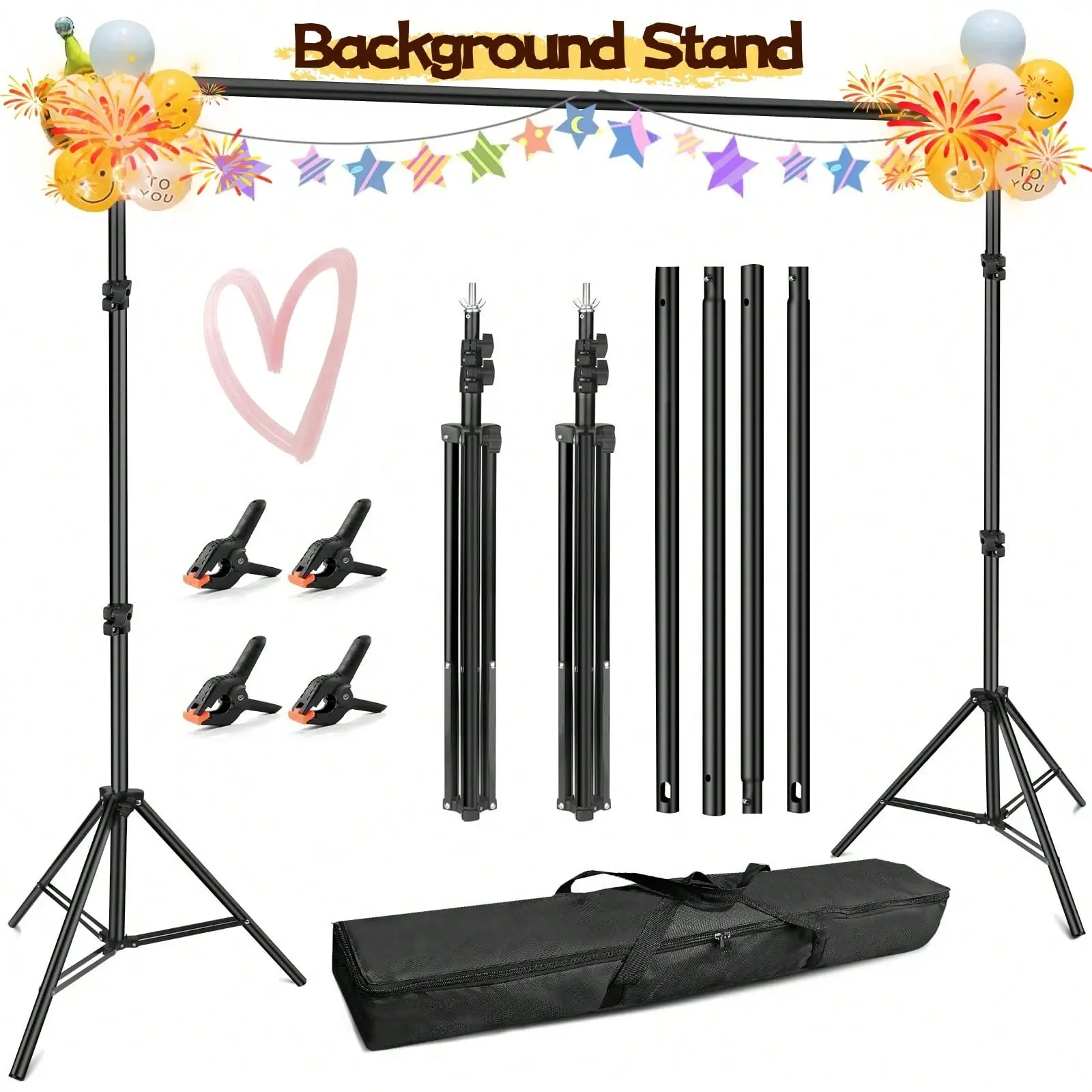 Studio Backdrop Frame, Wedding Backdrop Frame, Adjustable Metal Backdrop Frame With 4 Horizontal Bars, Suitable For Christmas, Valentine's Day, Birthday Parties, And Back-To-School Parties