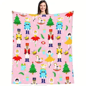1pc Pink Nutcracker Gift Blanket, Christmas Nutcracker Ballerina Gift Christmas Soldier Fairy Prince Mouse Gift Basket Nutcracker Blanket, Suitable for Female Friends and Wife Valentine's Day Gift Flannel Cover Blanket