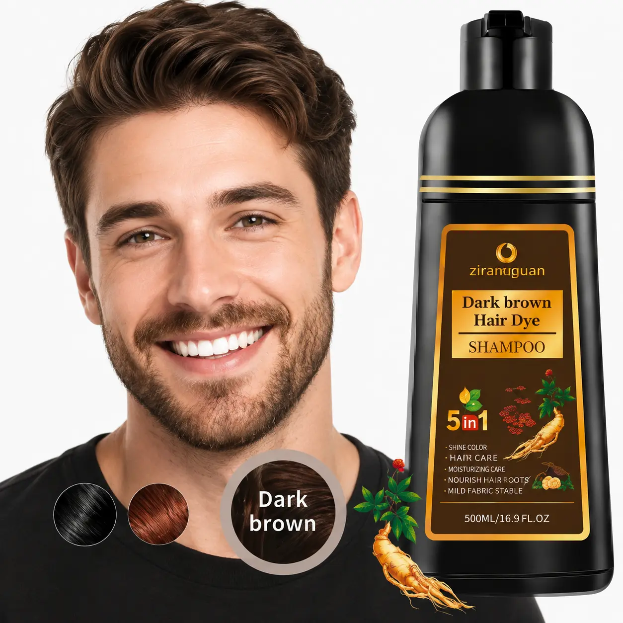 5-in-1 Dark Brown Hair Color Shampoo, 100% Gray Coverage in 10-15 Mins, Herbal Ginseng & He Shou Wu Formula, Ammonia-Free, Vegan Color Depositing Shampoo & Conditioner for Men & Women, At Home Root Touch Up Kit, 500ml 16.9fl oz