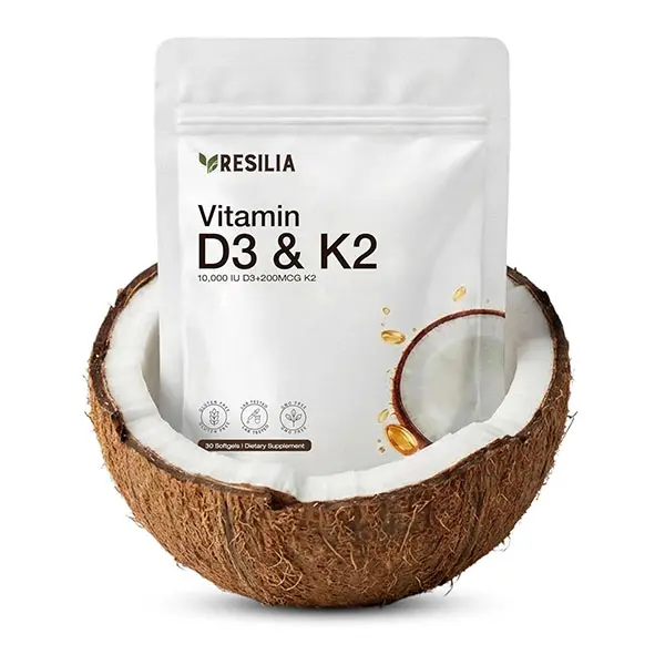 Resilia Vitamin D3 10000 IU + Vitamin K2 MK-7 200mcg Softgels, High-Potency Formula with Coconut Oil, Supports Bone Strength, Heart & Immune Health, 30 Softgels
