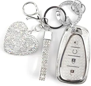 Key Fob Cover with Diamond Keychain for Women Car Key Holder Compatible with Chevrolet Equinox Malibu Cruze Traverse Camaro Trax Blazer Volt Bolt Protector, 4 Buttons (Silver-Heart)