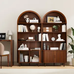 【Deals for You Days】DHH 71" Tall Arched Wood Cabinet, Mid-Century Modern Fluted 5-Shelf Bookcase & Shoe Storage, Sliding Door Accent Pantry with Adjustable Shelves, Anti-Tipping, Child-Friendly &Wood Cabinets, 5-Shelf Cabinets Cupboard Furniture（Walnut）