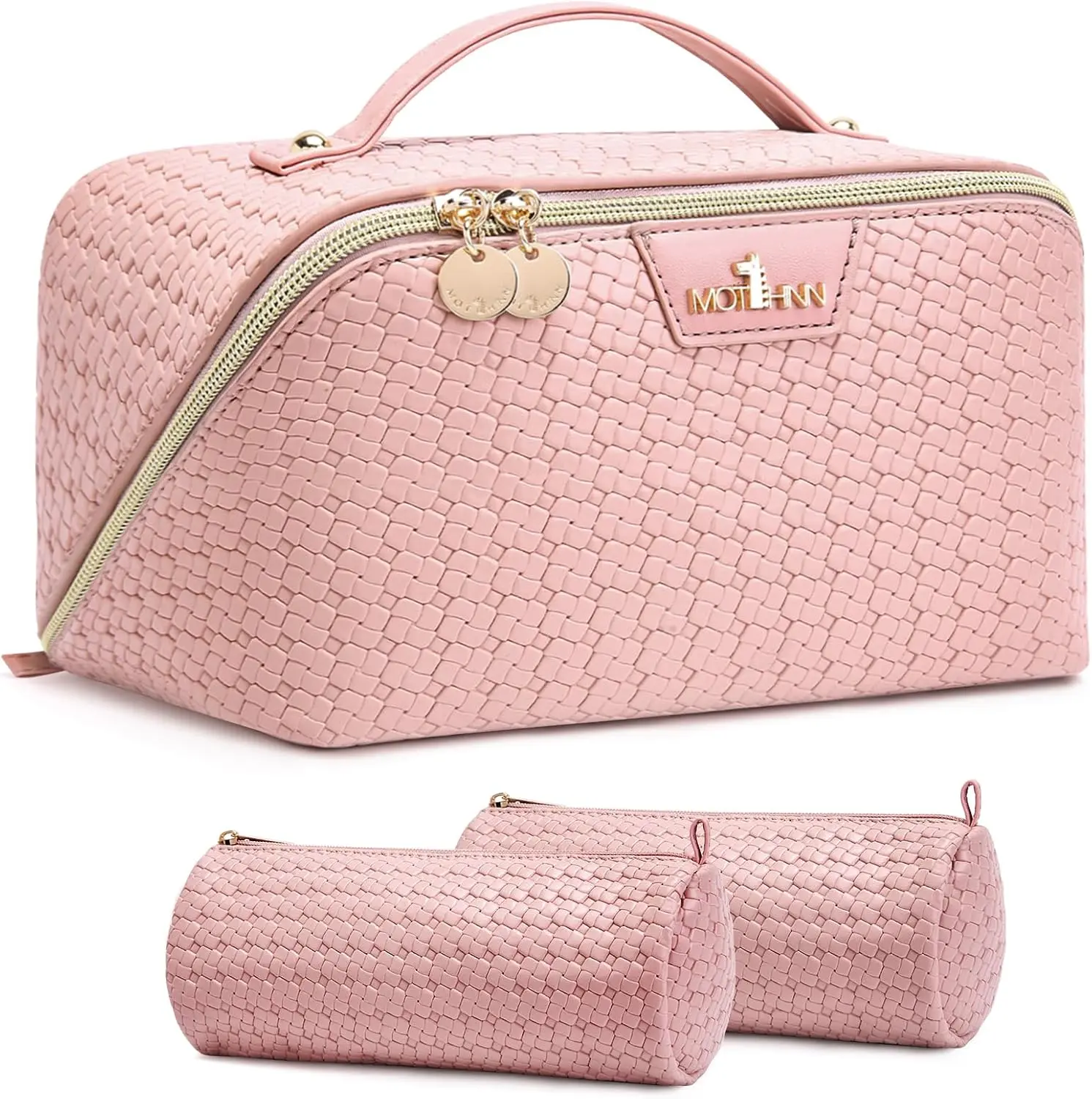 Travel Makeup Bag for Women 3 Pcs Set Premium Vegan Leather Handmade Large Capacity Portable Travel Toiletry Bag Waterproof Cosmetic Pouch with Multiple Compartments Perfect for Daily Use and Vacation
