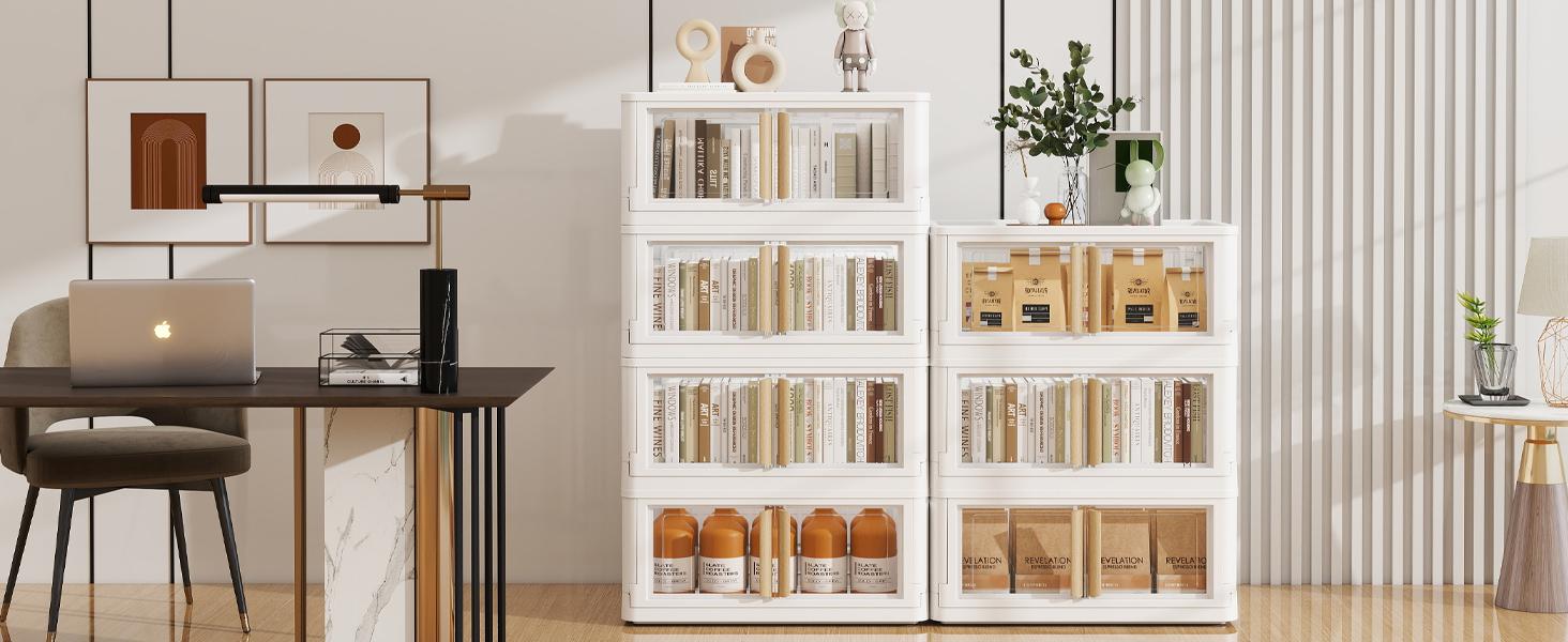 【Clearance】KHNR 3/4/5 Pack StackablStorage Bins with Lids, Plastic White Closet Organizers&Storage Drawer,Folding Storage Boxes with Wheels,Dual Open Collapsible Storage Boxes for living Room,Dorm,Office,Kitchen