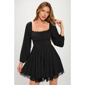 Lace Trim Long Sleeve Mini Dress Black