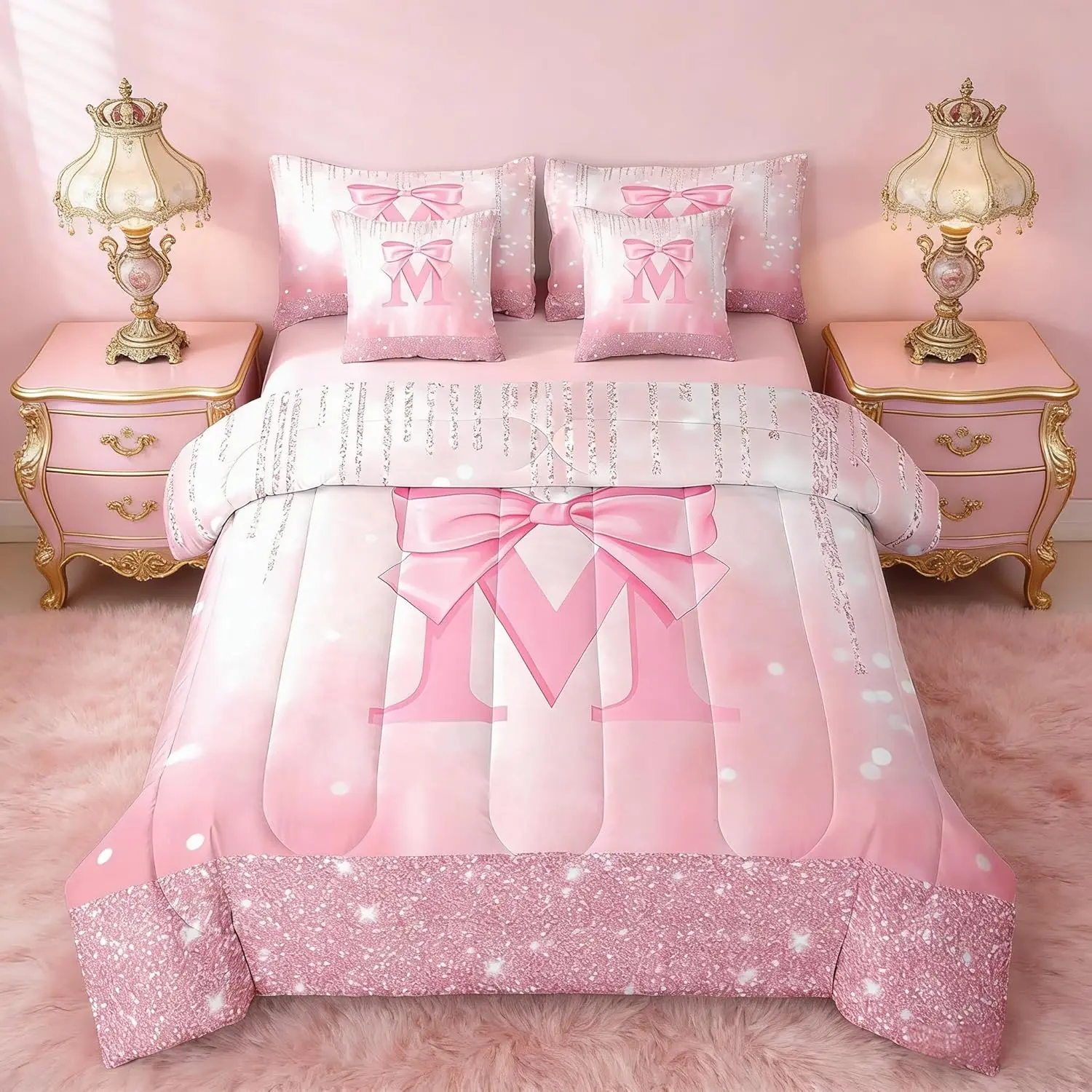 Boys Pink Bowknot Bed in A Bag,Personalized Initial M 7 Pieces Bedding Set Princess Glitter Comforter Set with Sheets Bow Alphabet Bed Set Bedroom Decor 7Pcs