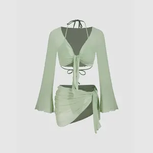 Cider [size 2-8] Halter Neckline Triangle Bikinis Bikini Set With Mesh Cover Up Set